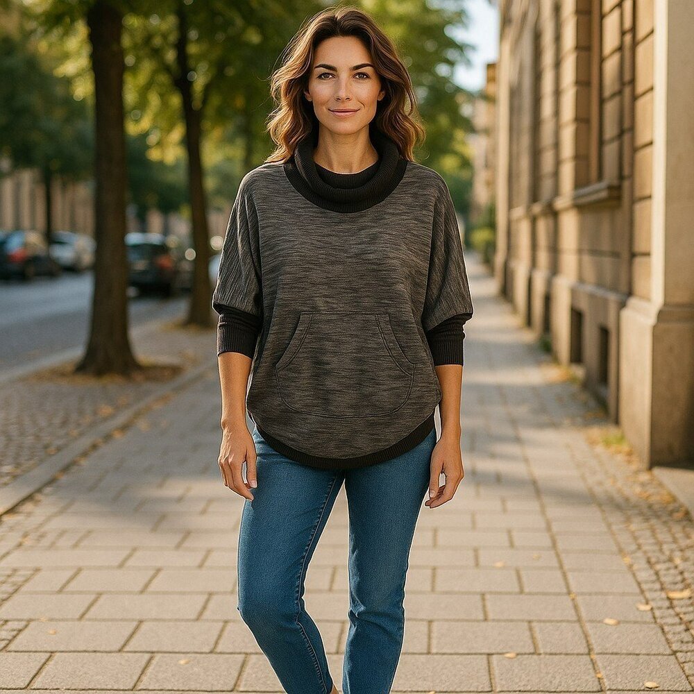 2 Hearts Women's Small Gray Loose Blouse Tunic Long Sleeve Drape Neck Sweater